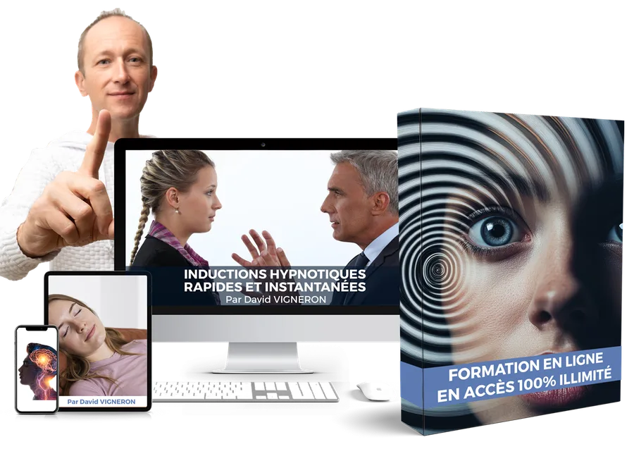 David Vigneron devant les écrans de sa formation aux inductions hypnotiques rapides et instantanées