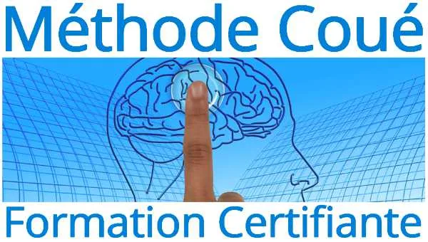 Bandeau de la formation certifiante Méthode Coué : un profil de visage sur un fond bleu quadrillé